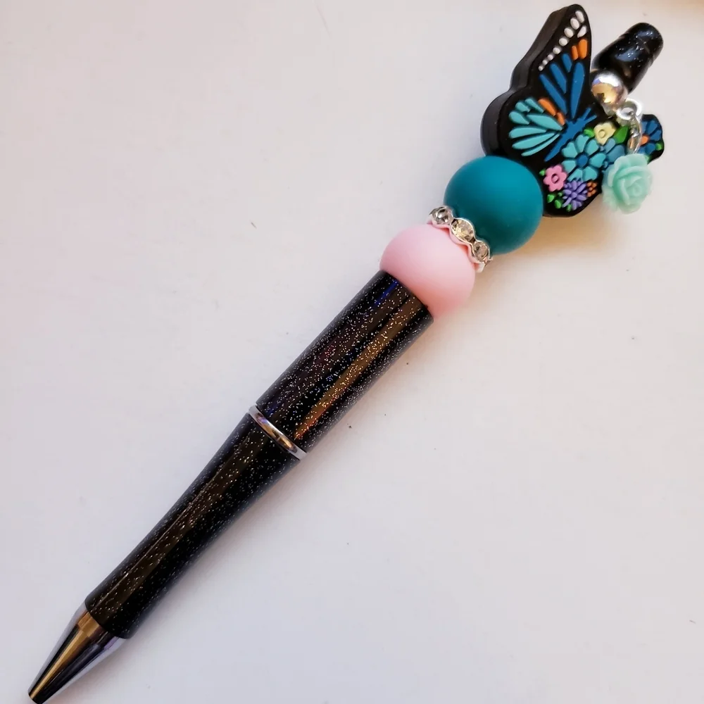 Handmade Blue Flower Butterfly Beaded Silicone Focal Bead Pen